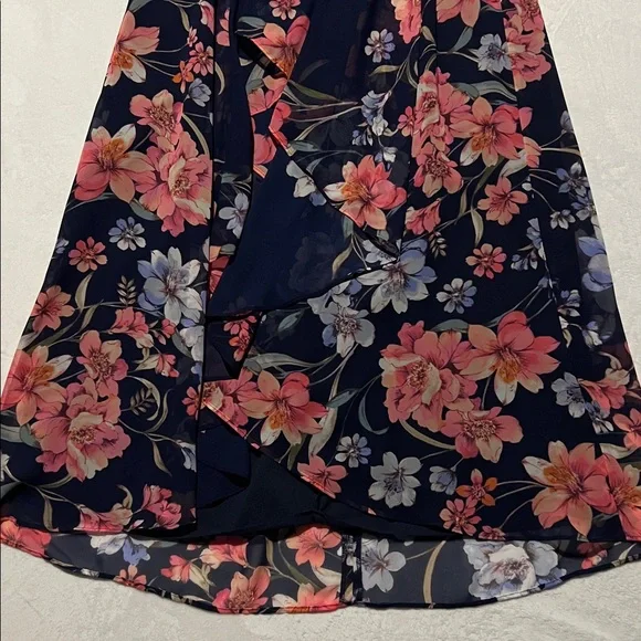 Eliza J Navy Floral Wrap High Low Maxi Dress Romantic Wedding Guest Flowy garden - Picture 5 of 10